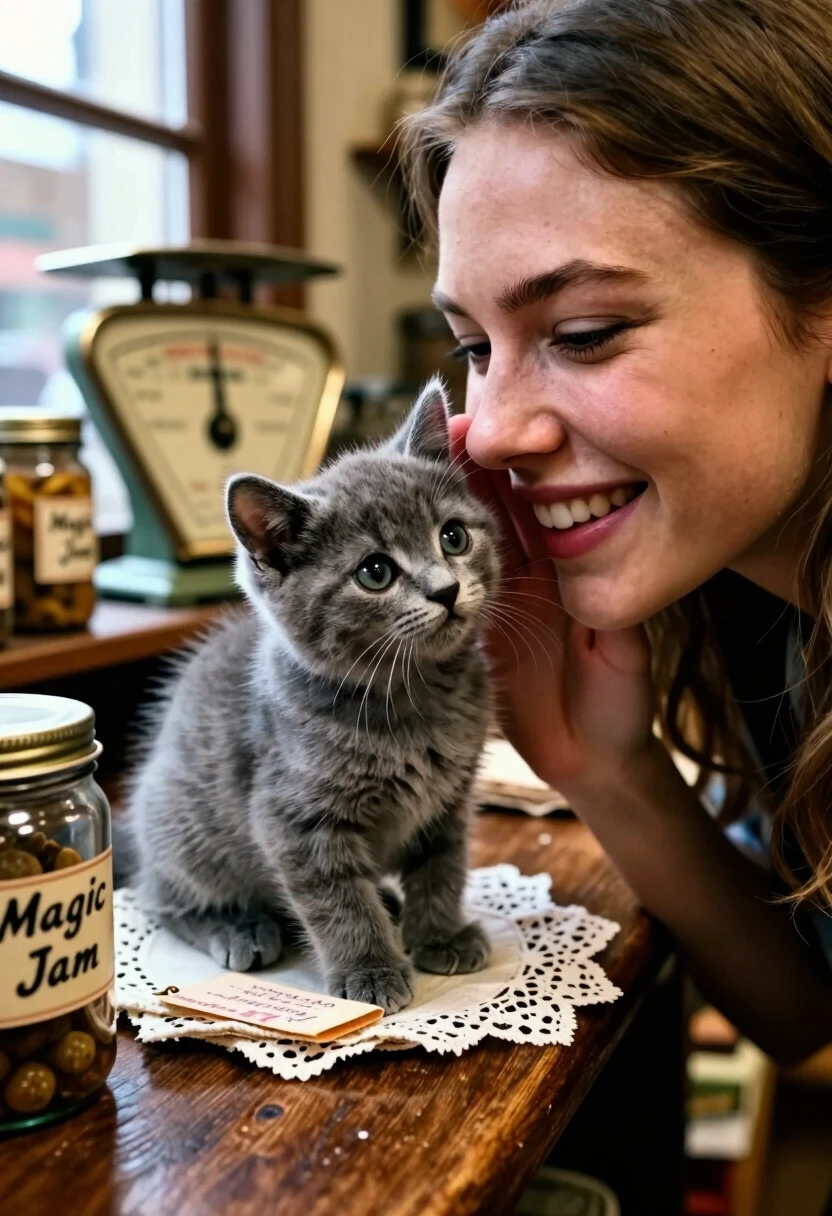 A high-detail, close-up cinematic shot from a slightly elevated angle, focusing on a polished wooden counter of a vintage general store. The frame is dominated by the expressive…
