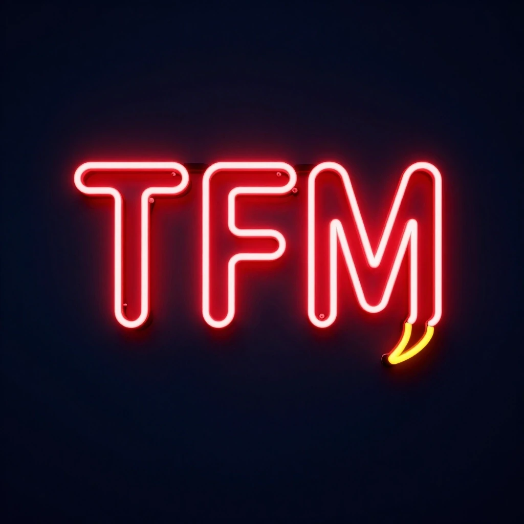 Крупные три заглавные буквы TFM и chat желтыми небольшими, выполненные в стиле яркой красной неоновой вывески. Буквы плотно сгруппированы по центру, имеют легкое белое свечение…