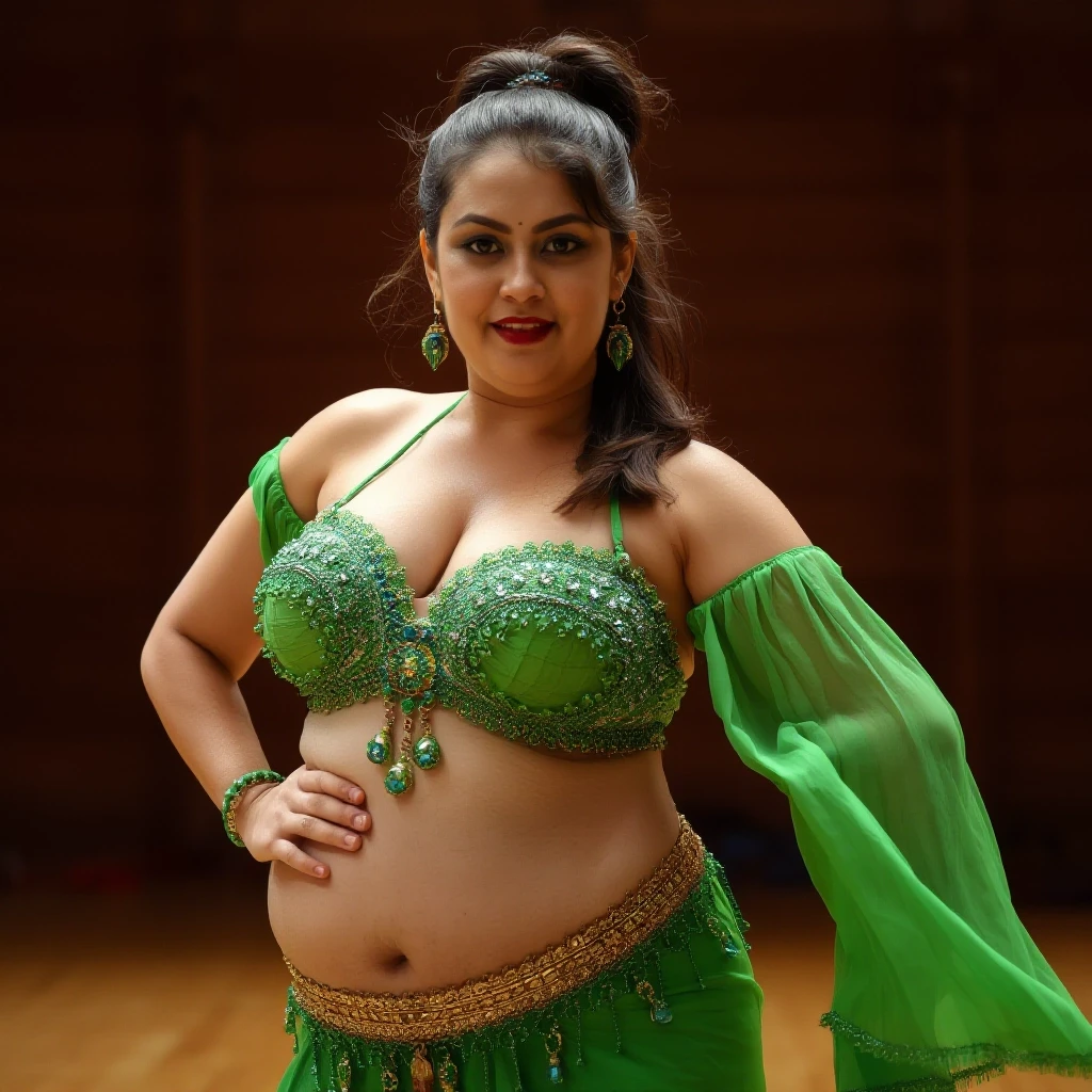 front view chubby belly dancer fifty years woman in green costume brown short ponytail hair stand in hall — работа пользователя Прекрасная Мантикора