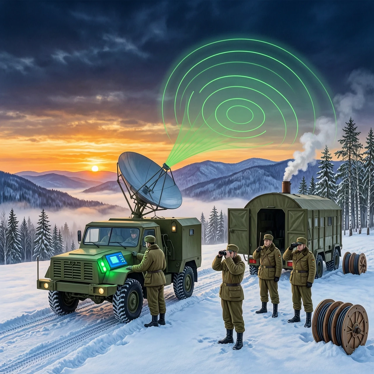 Realistic military painting: Soviet/Russian radar station "Ural" deployed on snow-covered Ural mountains at sunrise. Mobile radar vehicle Ural-4320 with rotating…