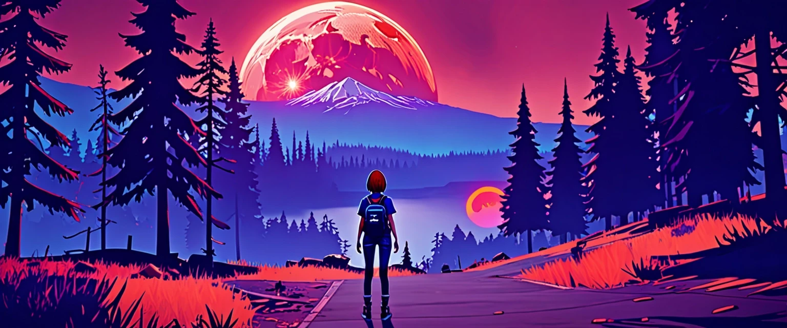 A natural landscape, art from *Life Is Strange*, Chloe Price, retro rave style, neon color, indigo, chrome, blood‑moon colors Nuclear flame of amber color — работа пользователя…
