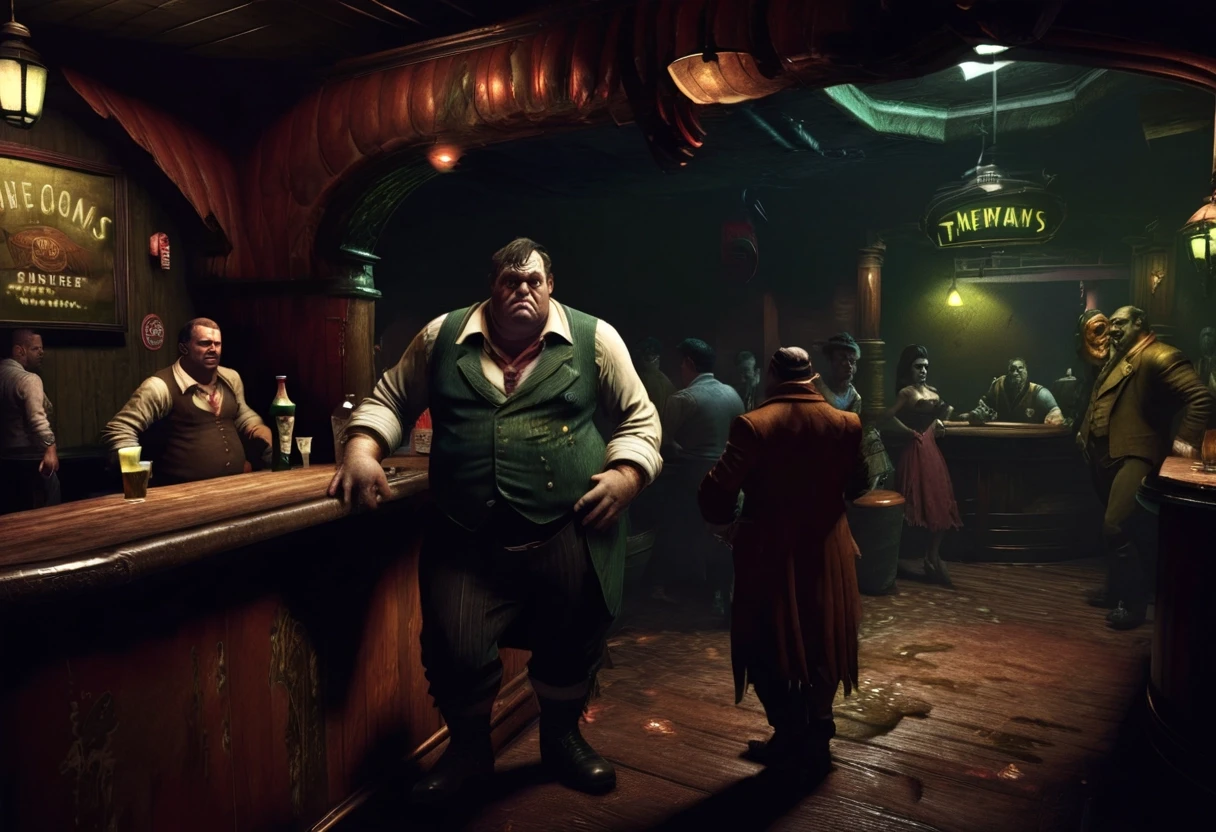The interior of a gloomy tavern in a dark fantasy setting; a fat, dirty man is standing behind the bar; the people in the tavern are dressed in rags. — работа пользователя…