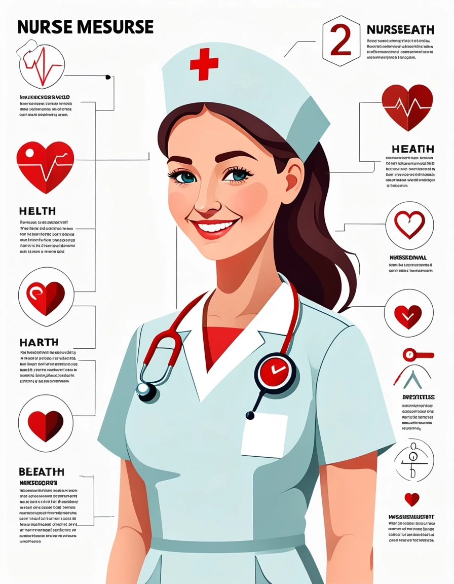 Professional vector graphics on a pristine white background. realictic Nurse smiling, pressure measurement, heart health. — работа пользователя Радужный Чародей