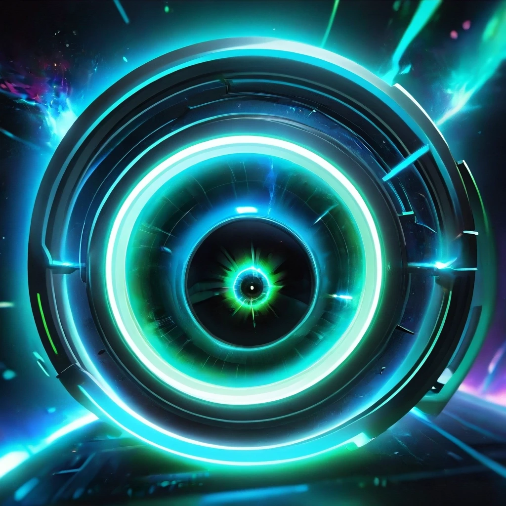 Power metal album cover. A futuristic spaceship with glowing green elements and blue ion engines flies through a vibrant cosmic nebula. The deep black of space contrasts sharply…