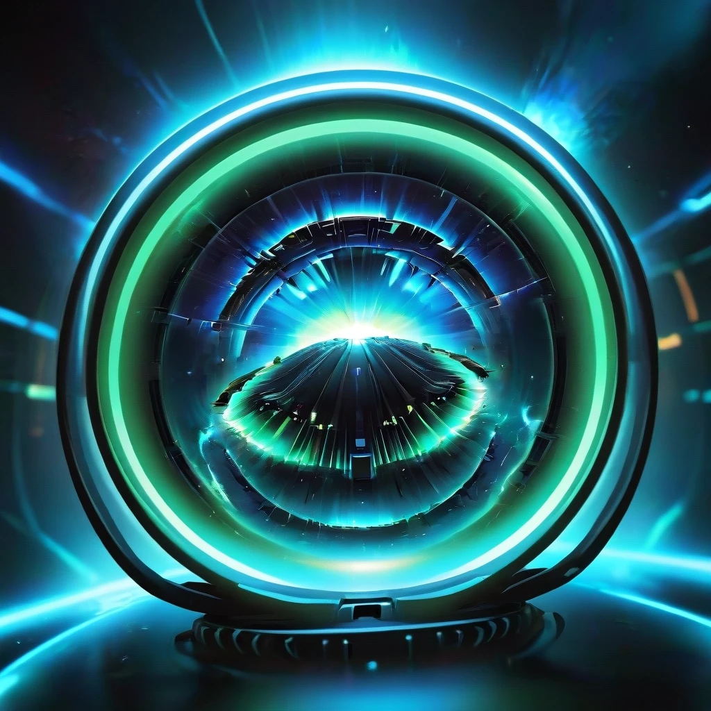 Power metal album cover. A futuristic spaceship with glowing green elements and blue ion engines flies through a vibrant cosmic nebula. The deep black of space contrasts sharply…