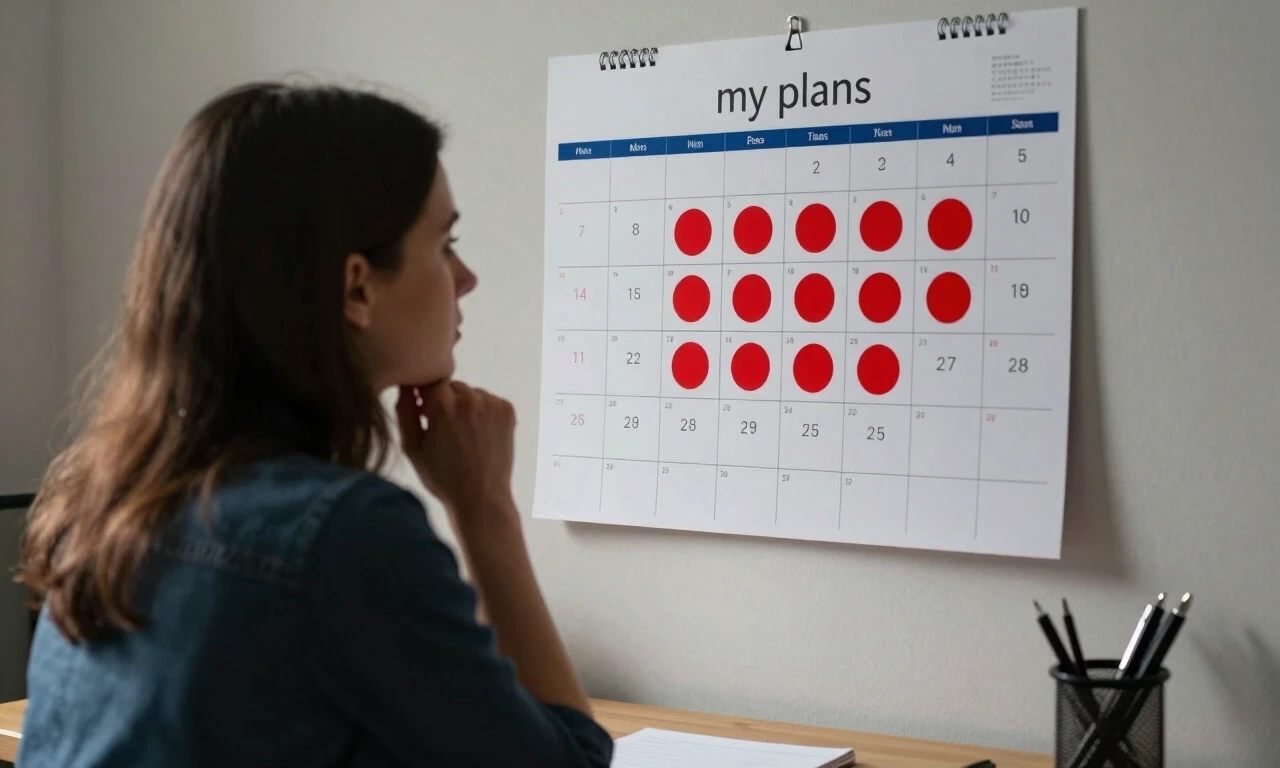 Calendar on a wall with red circles marking "my plans" only, no second person in the schedule, European woman sitting at a desk with a pen, looking thoughtfully at the…