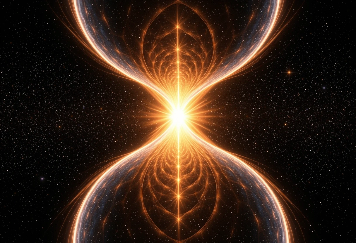 "A massive galactic quantum spiral shaped like an hourglass, consisting of two gigantic rotating energy funnels that taper and meet at the exact center. A blinding quantum…
