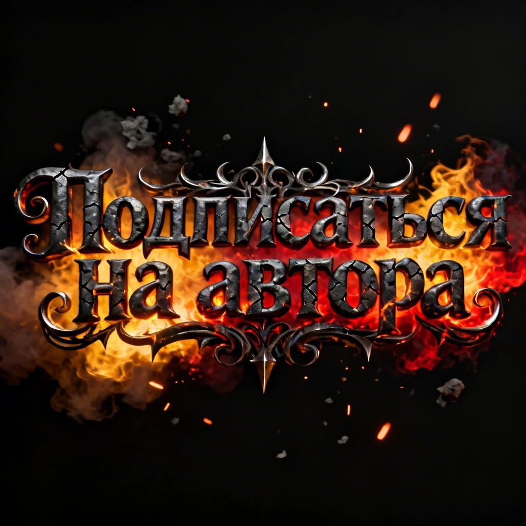 Cinematic glowing charred obsidian and smoldering coal title text in Russian: "Подписаться на автора" with intricate gothic-inspired, flame-twisted curlicues and…