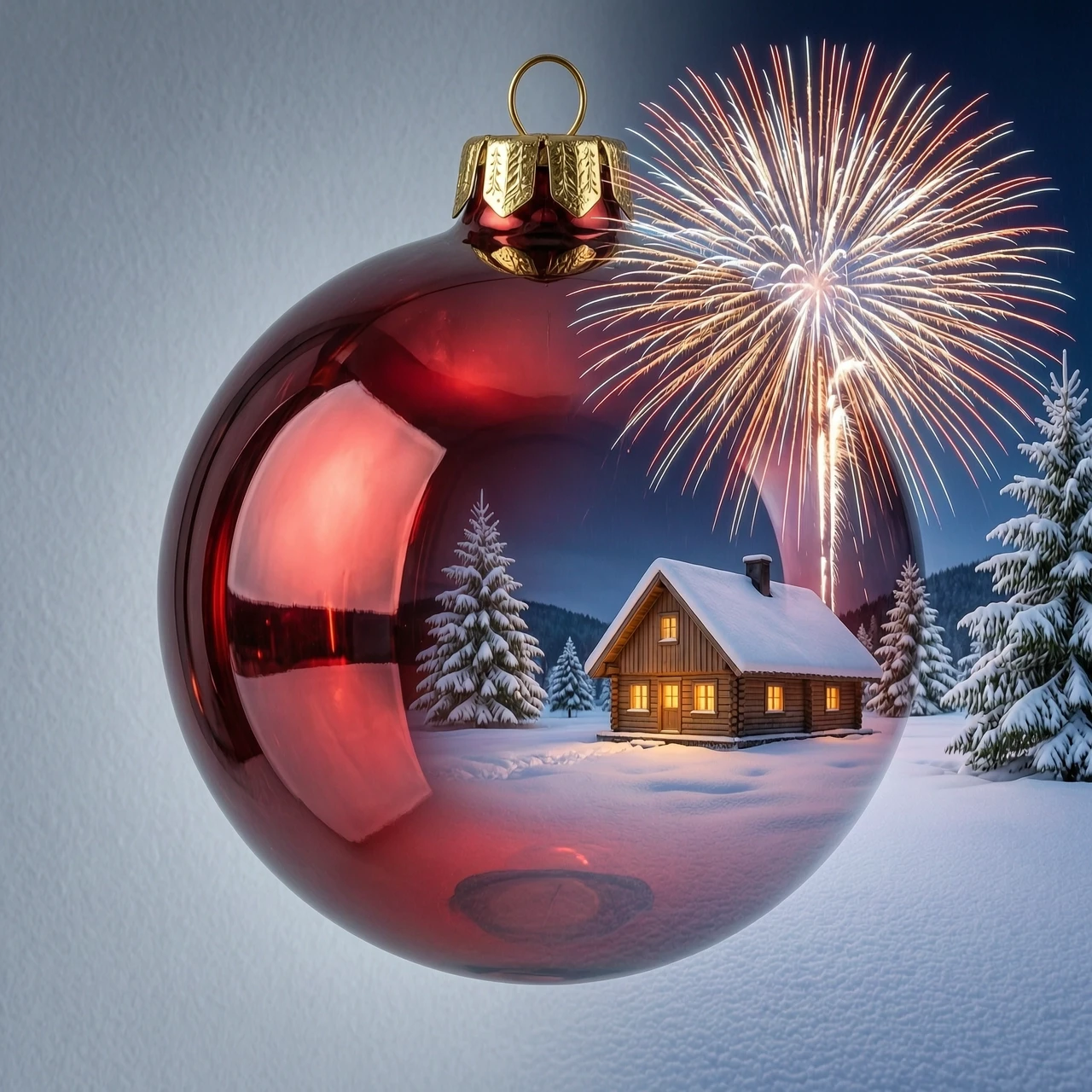 A hyperrealistic digital double exposure artwork for New Year's. Three distinct images are seamlessly blended: the detailed, reflective surface of a red glass bauble, a…