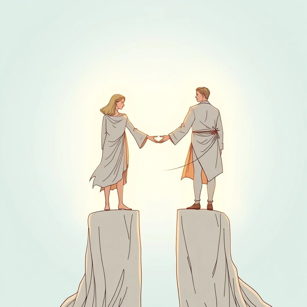 Two figures stand on separate pillars of light, connected by a bridge of energy. Neither leans on the other. Both are whole. The background is a vast open sky. Style: romantic…