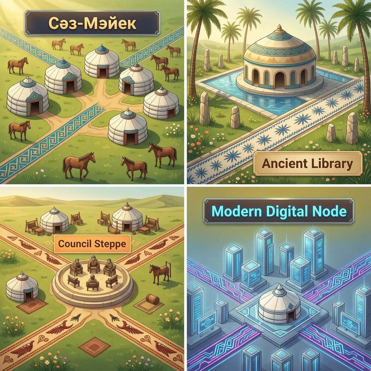 Prompt: A detailed 2D vector board game map illustration for an educational game called 'Сөз-Мәйек'. Beautiful Kazakh cultural aesthetic with subtle traditional…