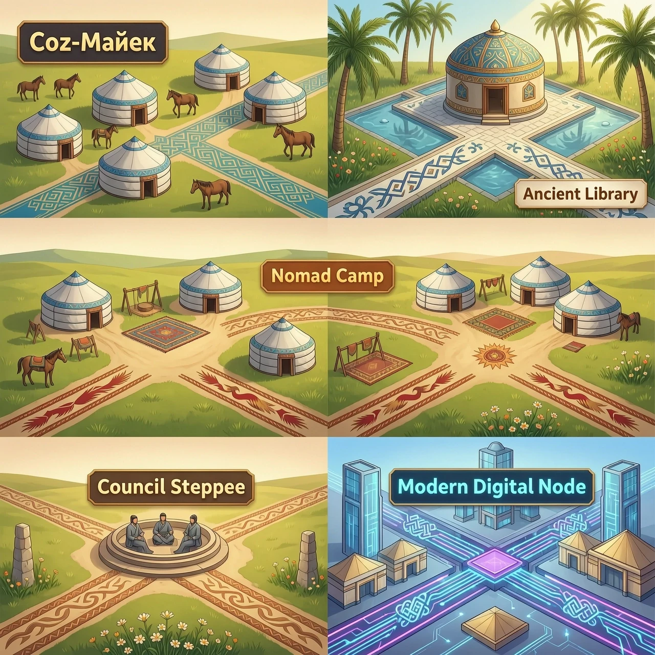 Prompt: A detailed 2D vector board game map illustration for an educational game called 'Сөз-Мәйек'. Beautiful Kazakh cultural aesthetic with subtle traditional…