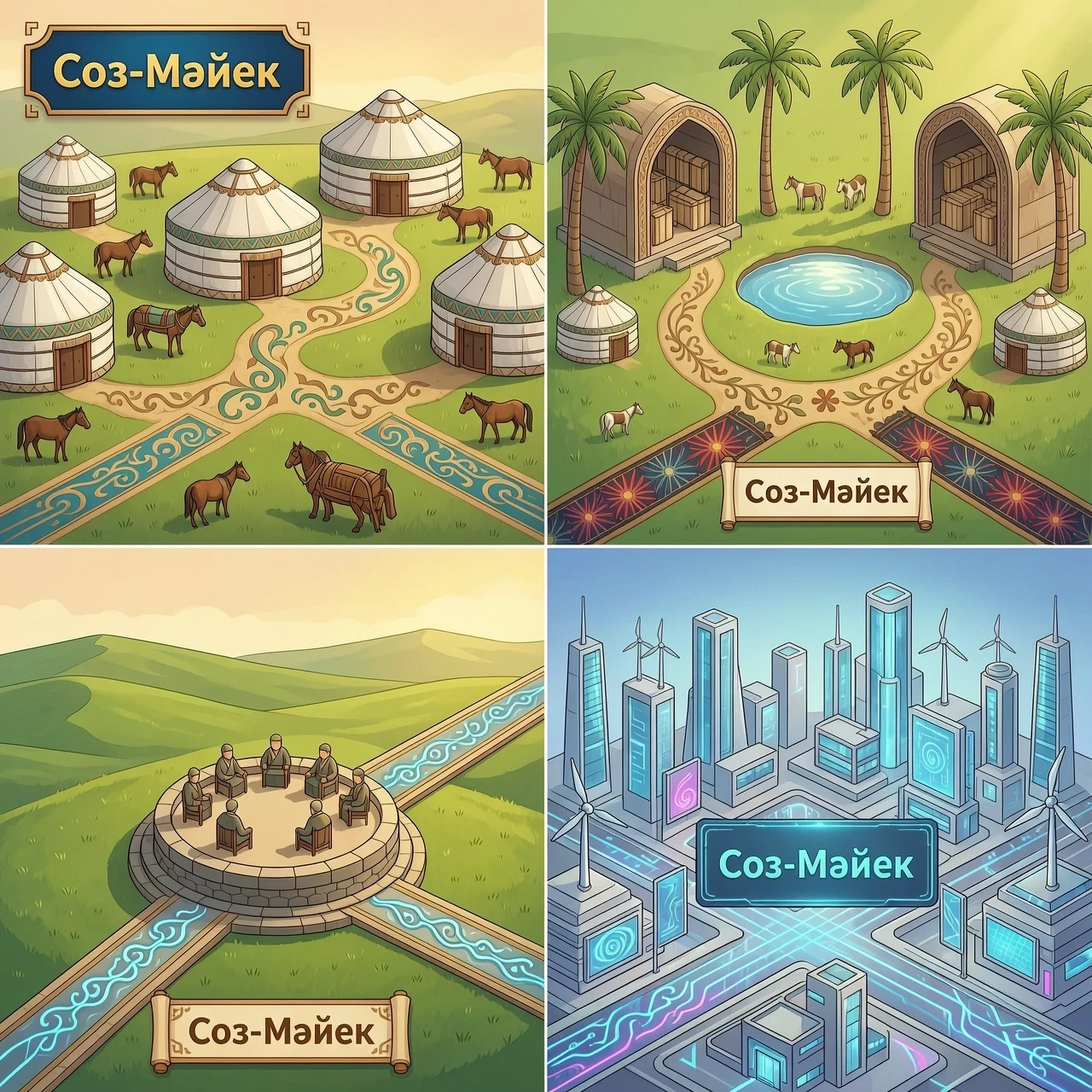 Prompt: A detailed 2D vector board game map illustration for an educational game called 'Сөз-Мәйек'. Beautiful Kazakh cultural aesthetic with subtle traditional…