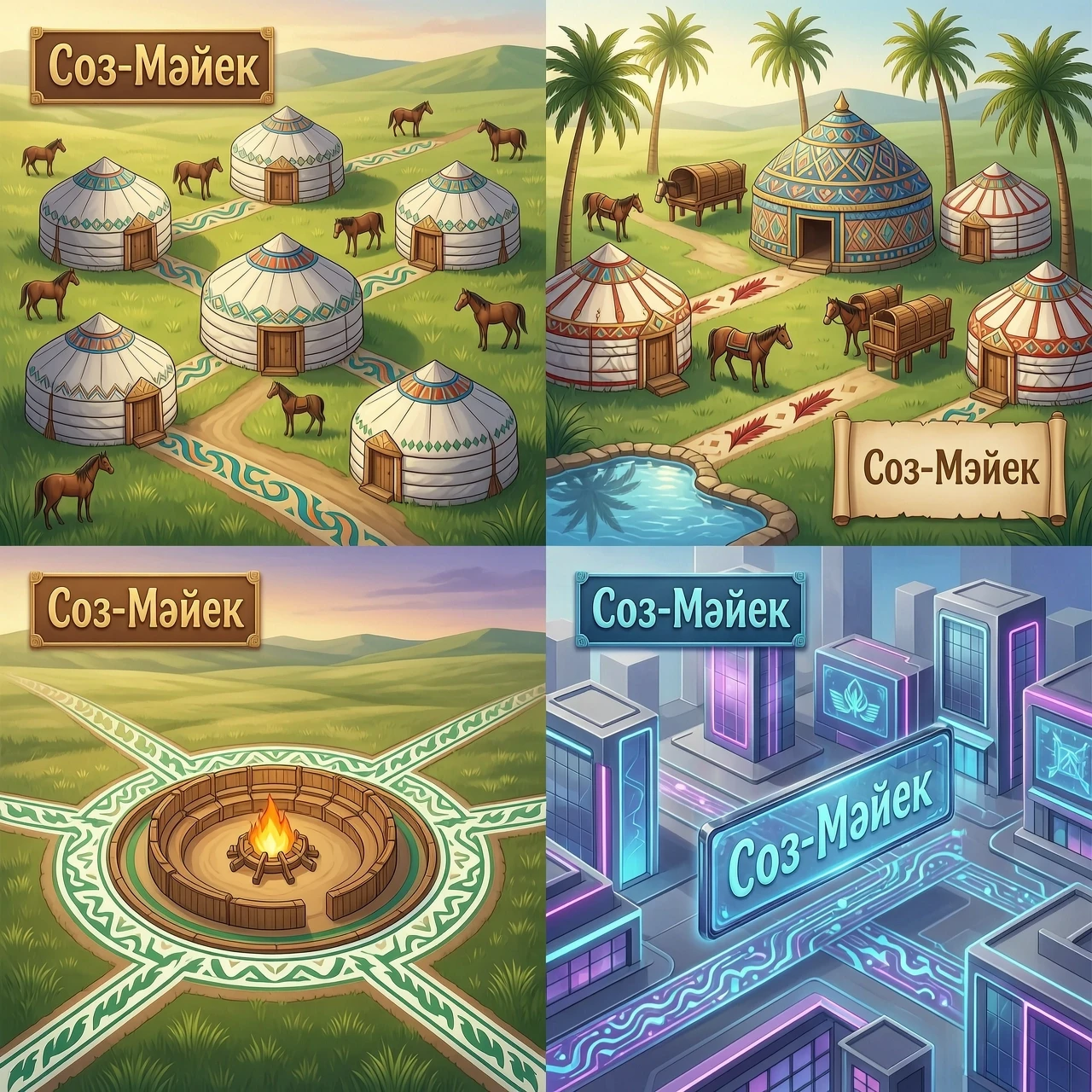 Prompt: A detailed 2D vector board game map illustration for an educational game called 'Сөз-Мәйек'. Beautiful Kazakh cultural aesthetic with subtle traditional…