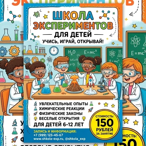 Афиша на русском языке Школа экспериментов. Стоимость 150 рублей — работа пользователя Революционная Иллюзия