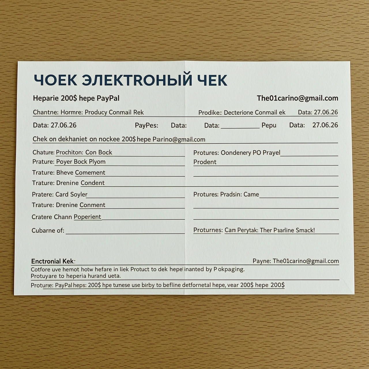 Сгенерурий электронный чек об отправке 200$ через PayPal по почте The01carino@gmail.com Чек на английском языке, дата 27.06.26, сделай так, чтобы все было как настоящий чек —…