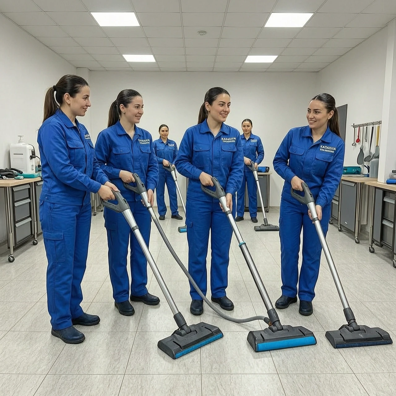 клининг уборка команда казашки с оборудованием синий форме девушки — работа пользователя Революционный Глюон