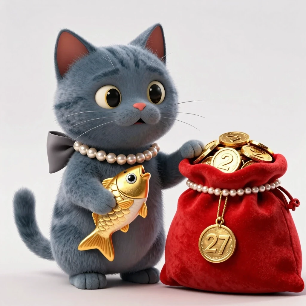 pixar cat british blue-grey color, В левой лапке он держит золотого цвета рыбку, Рядом с ним находится большой бархатно-красный мешок, полный золотых монет. на шее у котика одет…