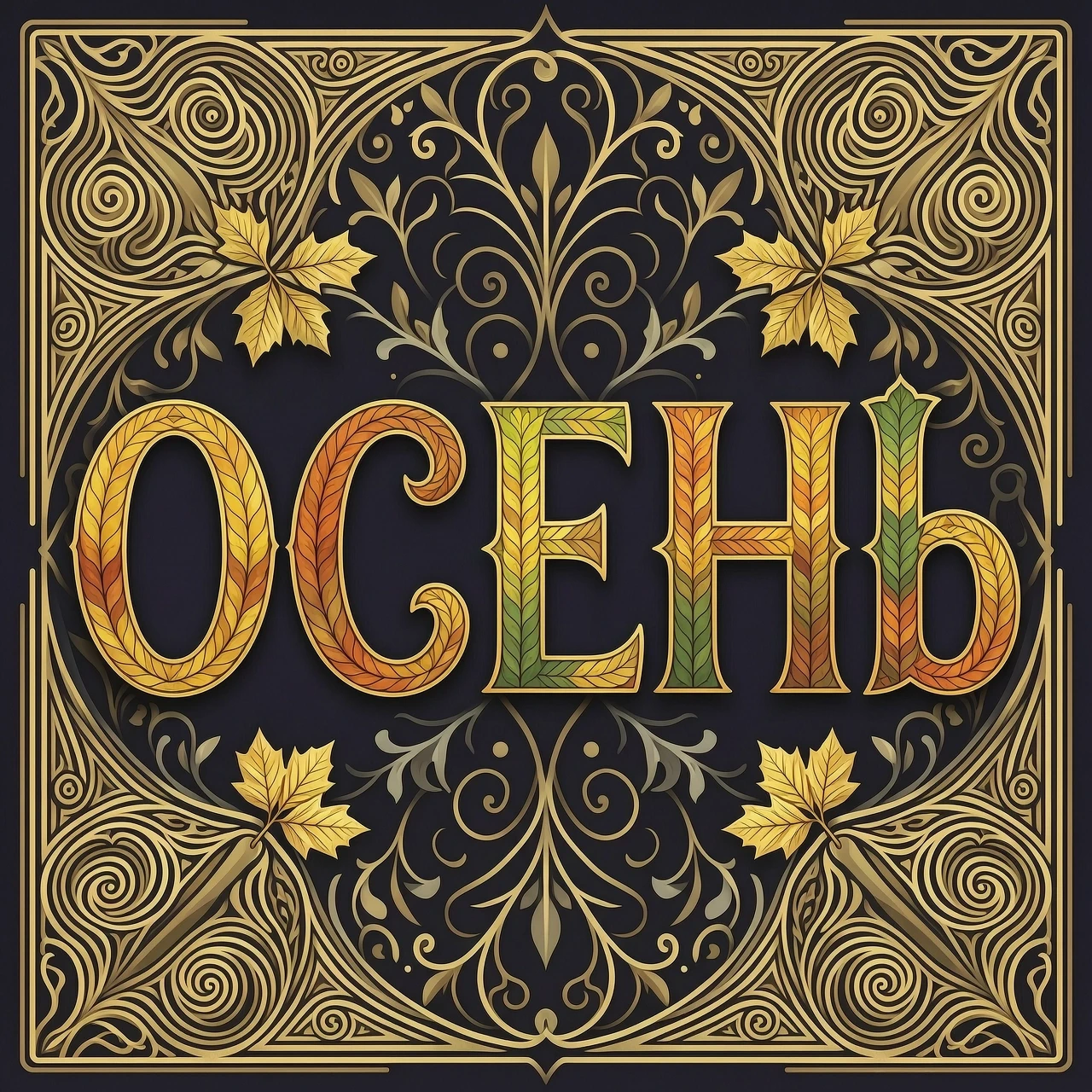 Digital image with double exposure and overlay of layers and textures. Vector graphics. The word "OCEHb" is made of gold, crimson and green skeletonized textured…