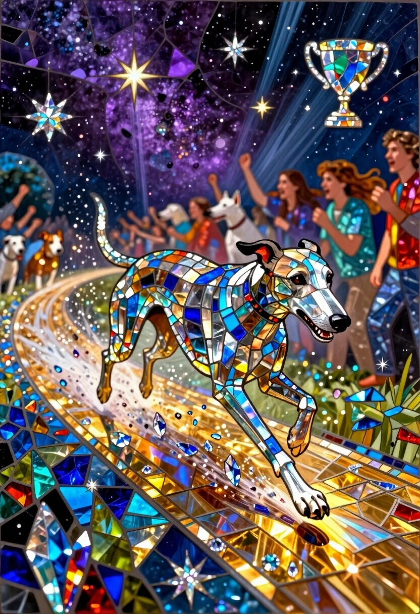 A breathtaking surreal mosaic mural rendered in the style of a luminous stained glass window, depicting a high-speed dog race. The entire scene is composed of countless tiny,…