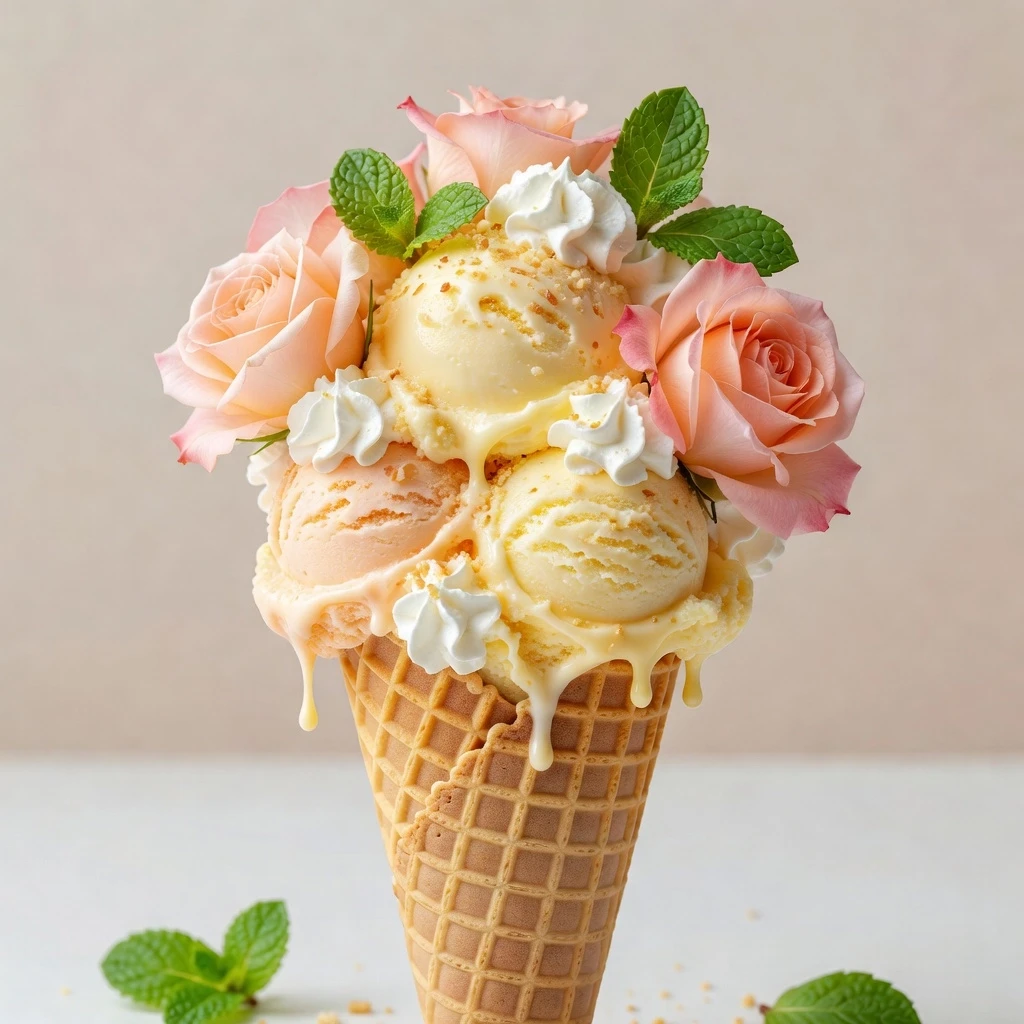 Aesthetic food photo of an ice cream cone in close-up. Instead of the usual balls, the waffle cone contains perfect, smooth balls of creamy pale yellow and peach ice cream. The…