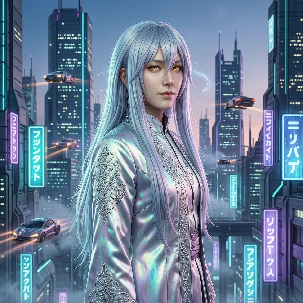 Hyper-realistic cinematic portrait of Rimuru Tempest from "That Time I Got Reincarnated as a Slime" reimagined as a real human, ethereal and strikingly beautiful young…