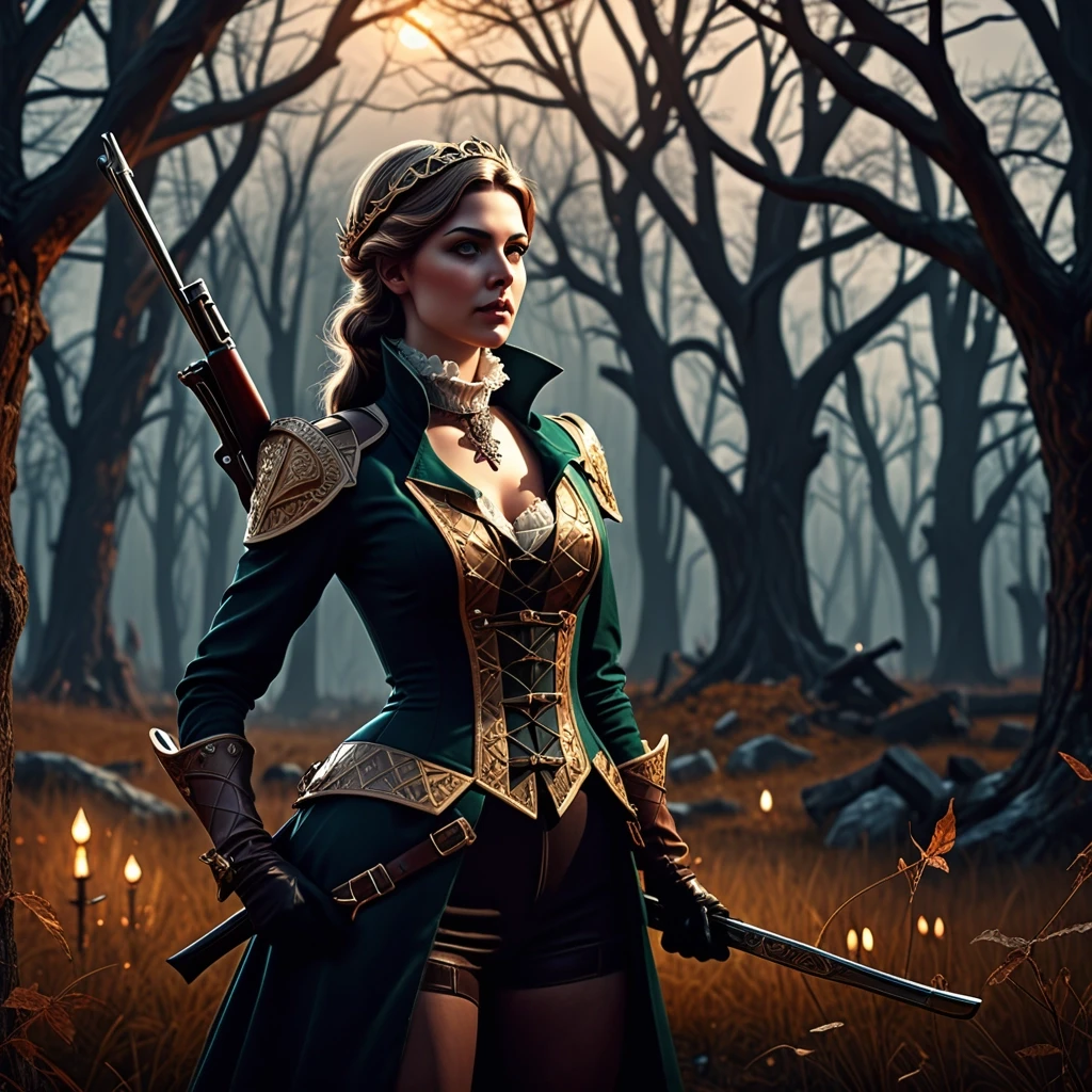 Aristocratic Irresistible Female Hunter, Panorama, Gloomcore, pov, fine artistic composition, magical atmosphere, cinematic perfect intricate stunning fine detail, background…
