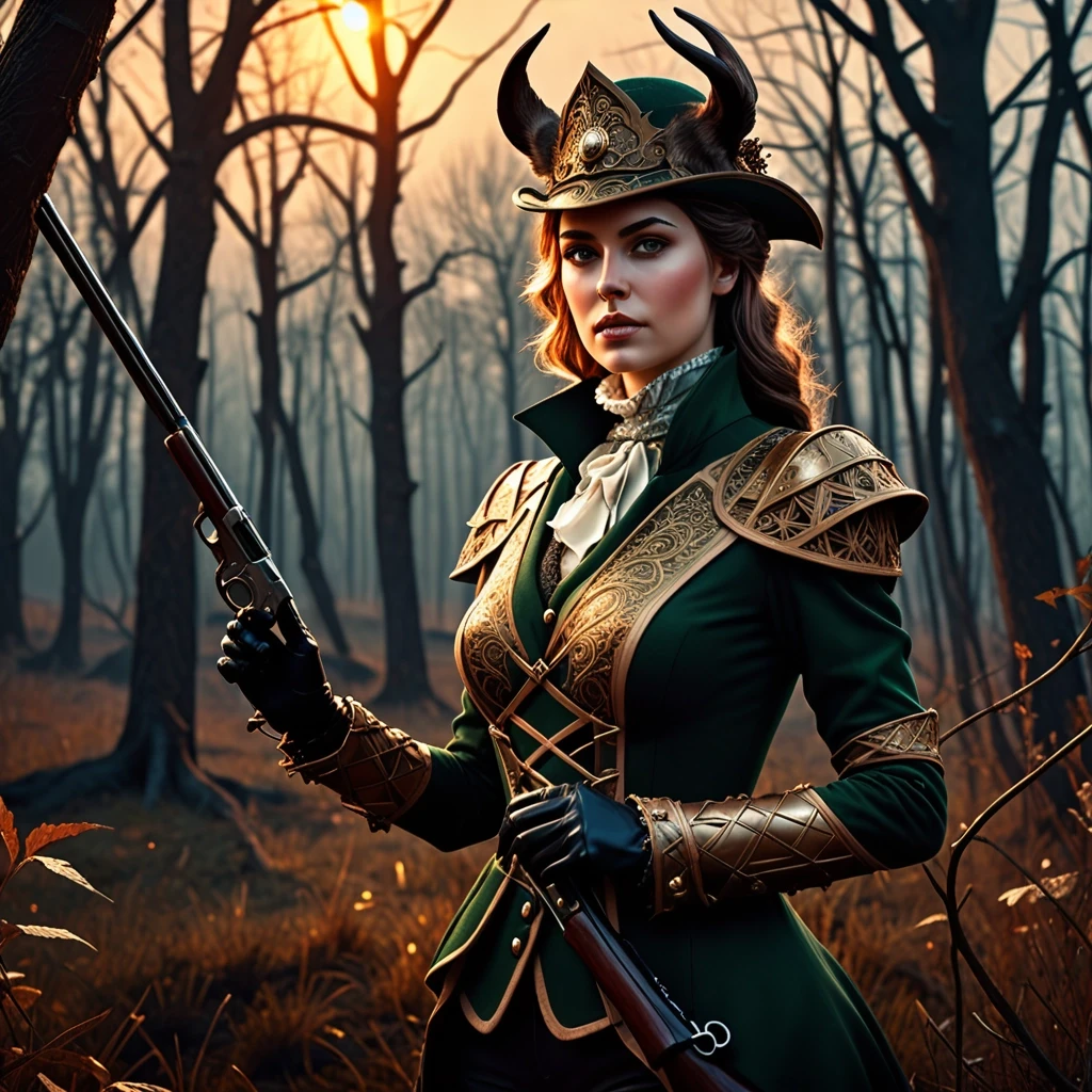 Aristocratic Irresistible Female Hunter, Panorama, Gloomcore, pov, fine artistic composition, magical atmosphere, cinematic perfect intricate stunning fine detail, background…