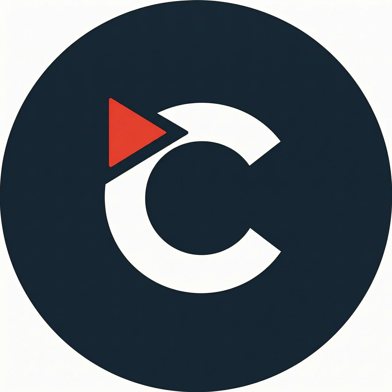 Create a minimalist circular logo for “ClipVault”. Dark navy background, white letter C, small red play-button accent, high contrast, no small text, clean modern media brand…
