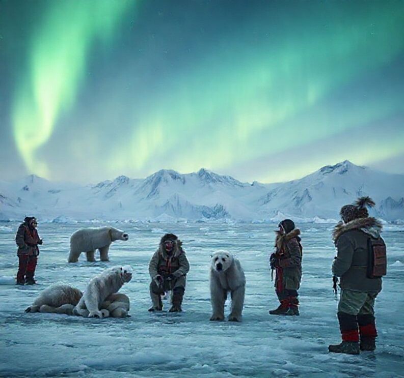 Eskimos and polar bears on the ice, with ice mountains in the background and the northern lights — работа пользователя Солнечный Элемент