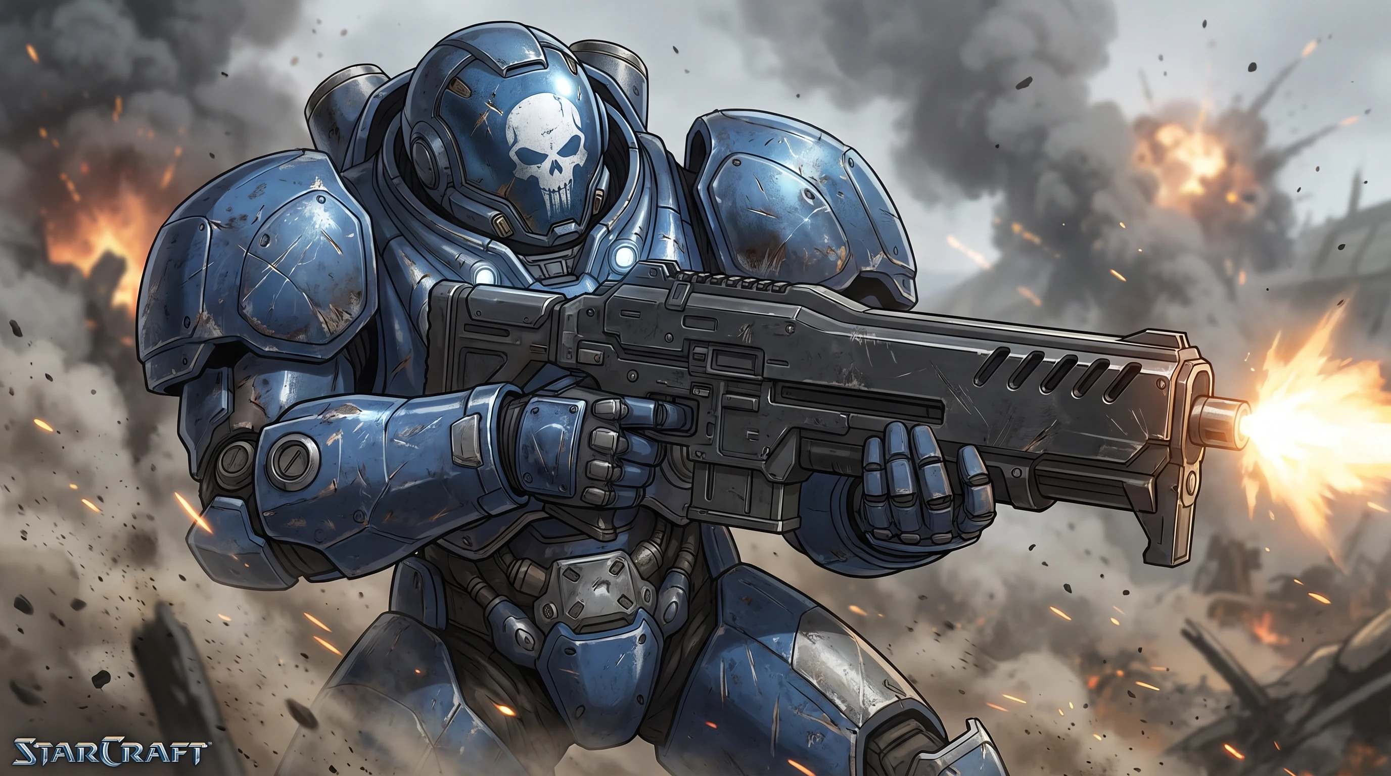 Экшн-боевик. Starcraft (игра), морпех в большой синей силовой броне (закрытый шлем с рисунком черепа), боевая стойка с штурмовой винтовкой, стреляет, стрельба, на фоне поля боя…