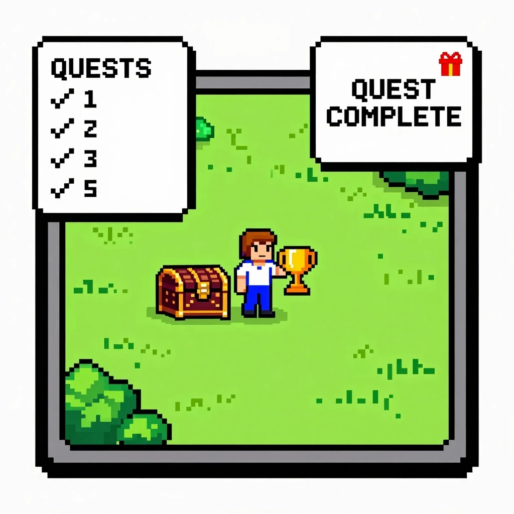 Интерфейс в стиле старой компьютерной RPG-игры: на экране карта. Пиксельный герой стоит возле сундука и поднимает трофей. В углу — список выполненных заданий, все с галочками.…