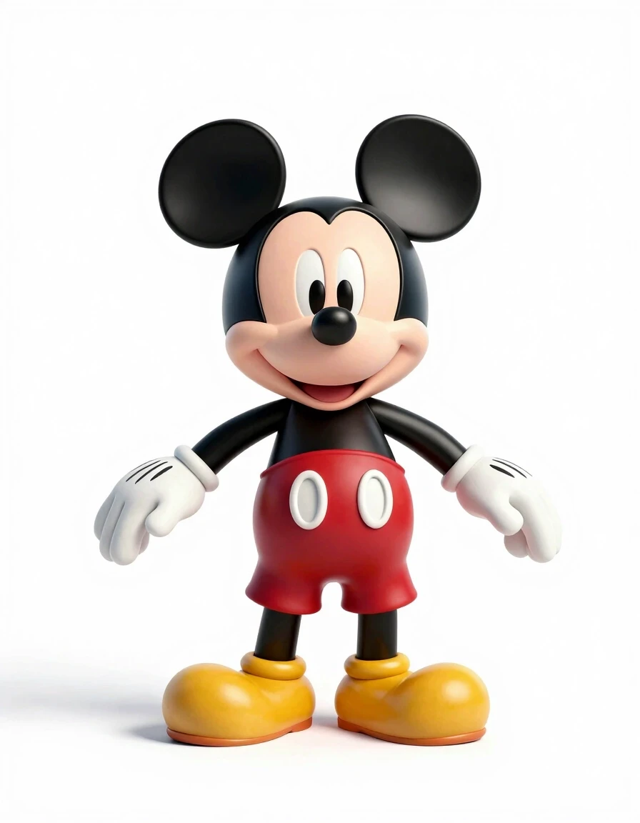 A full-length shot of the classic Mickey Mouse standing in a strict pose of the letter "T", legs shoulder-width apart, arms spread apart, on a pure white background,…