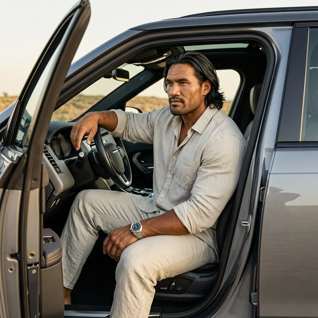 A very handsome, large and muscular 30-year-old Maori man. Men's mid-length Bro Flow haircut. Light stubble on his face. He is wearing a loose casual cotton shirt and simple…