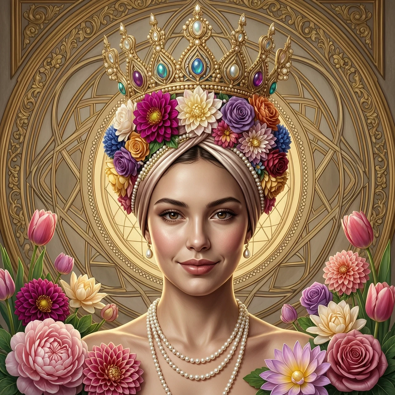 a close-up portrait of a gorgeous nice sexy flirty lovely lust expression arous tenderness girl in front of an ornate rococo mandala wearing a huge elaborate detailed ornate…