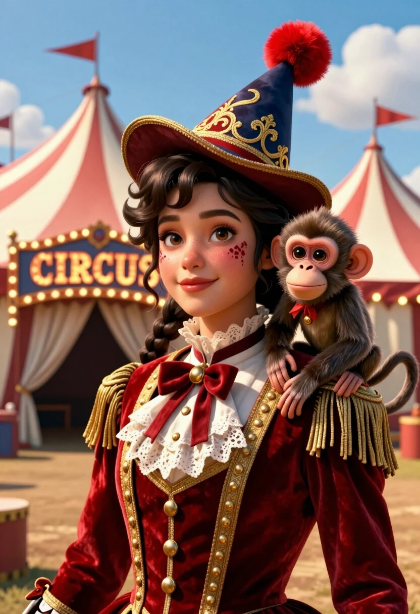 Create a cinematic, photorealistic 3D illustration in the style of a frame from a high‑budget circus film — a close‑up of a young performer against the backdrop of the main…