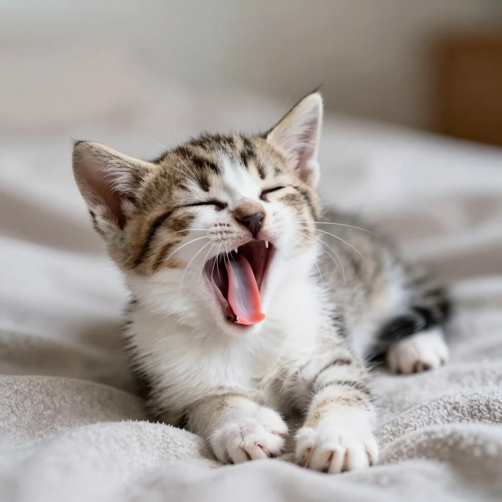 kitten closed its eyes and yawns, lying on the blanket — работа пользователя Космический Полет