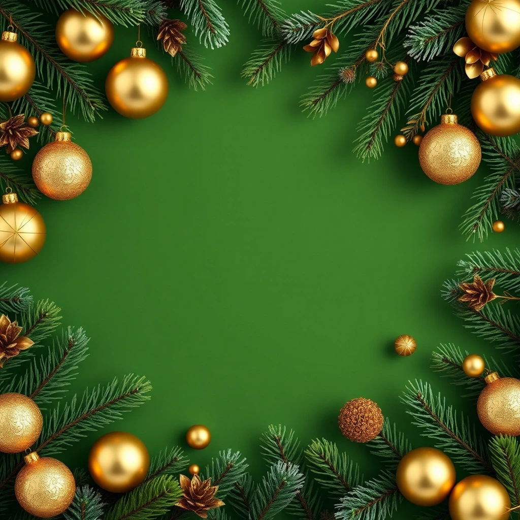 Christmas decorations wallpaper. Green natural background with gold ornaments. There should be a free space in the center. — работа пользователя Интригующая Саламандра