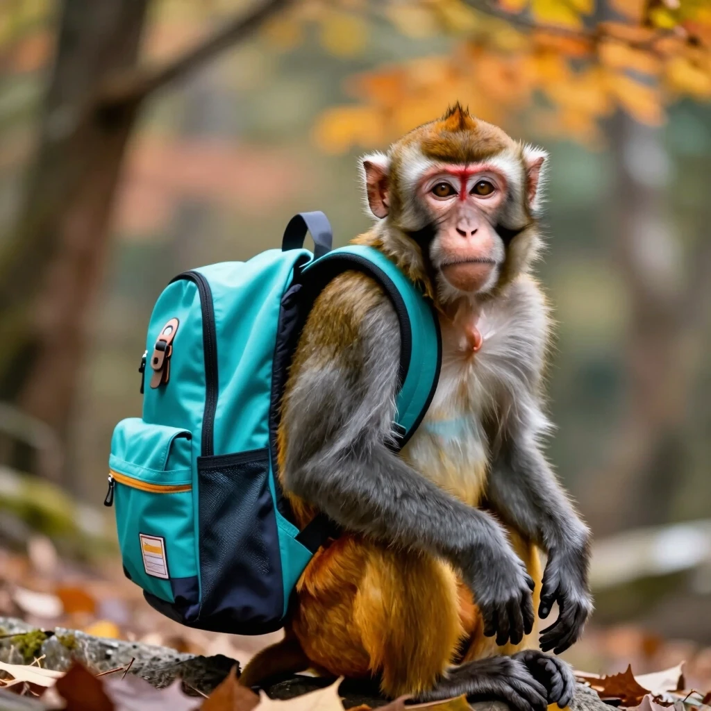 A monkey. It is looking straight ahead. On its back is a dark turquoise school backpack that brings school to mind. The background features a bokeh effect and an autumn forest.…
