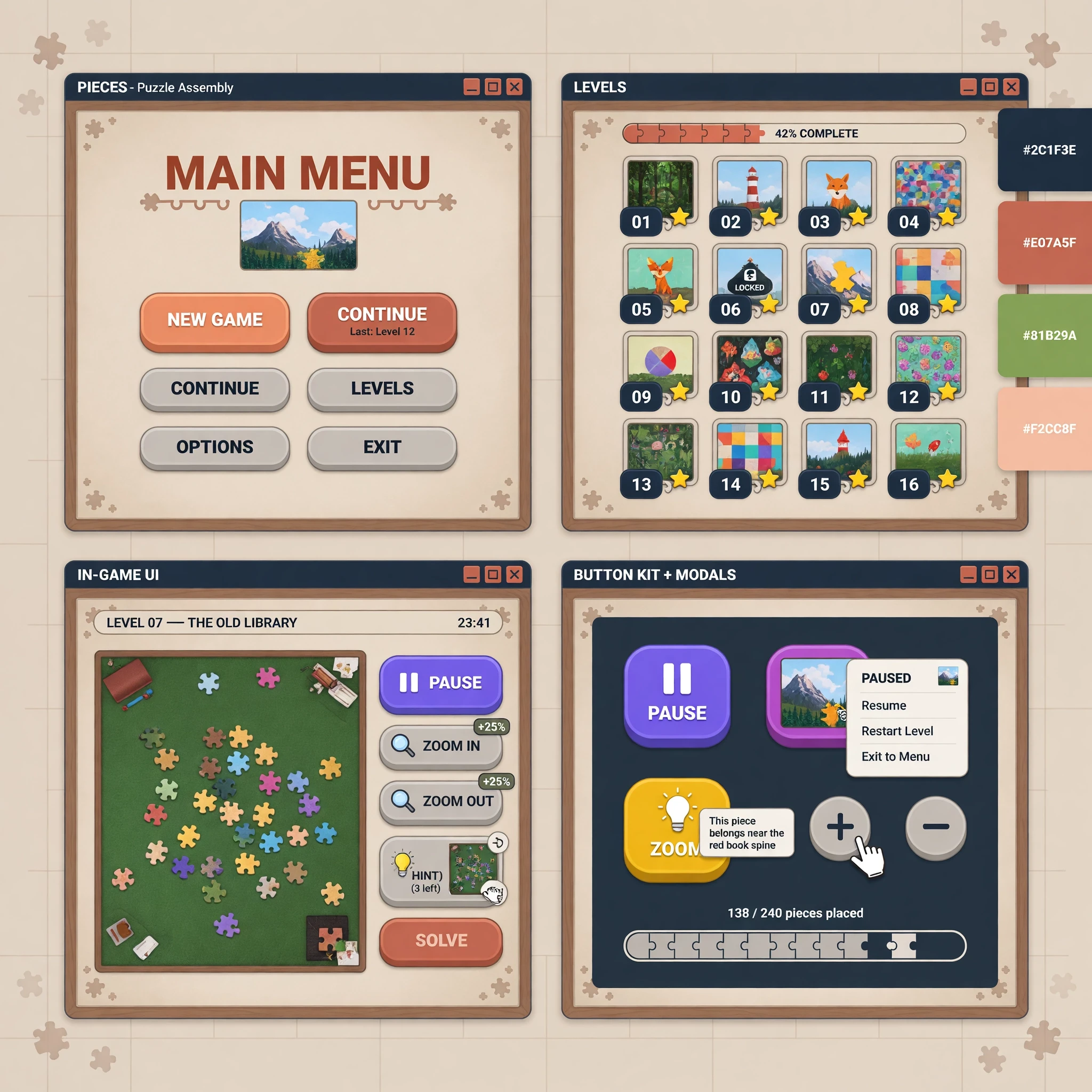 Нарисуй ui kit для пк головоломки пазл,. Чтоб было главное меню, уровни, кнопки пауза увеличения подсказка. — работа пользователя Магнетическая Дифракция
