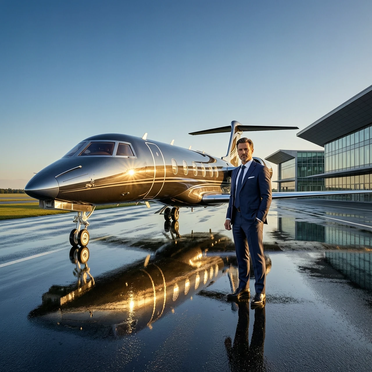 Cinematic hyper-realistic commercial aviation photography of a prestigious private airbase. A sleek, cutting-edge luxury private jet with a polished chrome and carbon fiber…