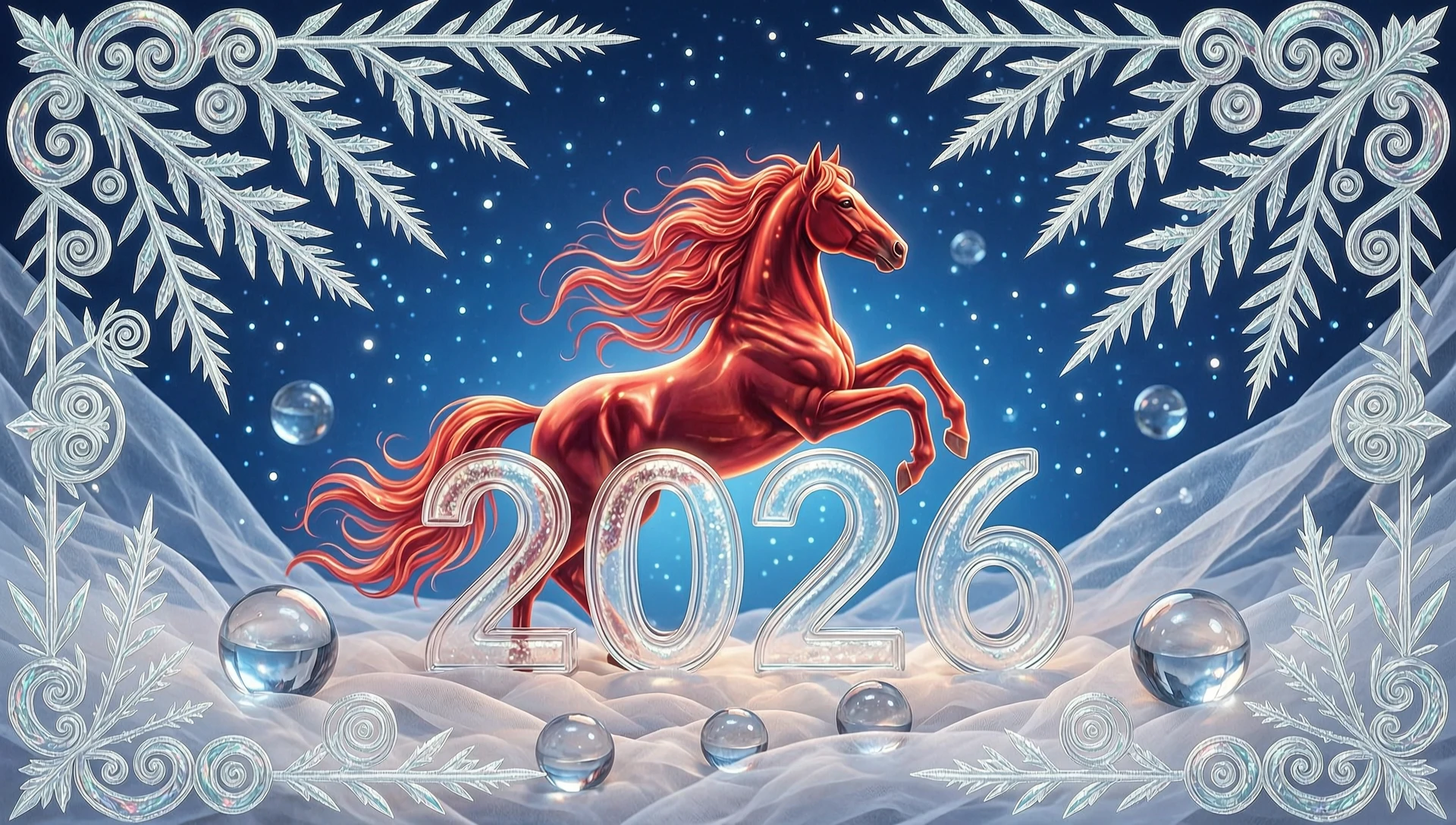 In the double exposure style. An ephemeral mythical creature in the form of a beautiful scarlet fiery horse with a long wavy mane collects the word "2026" from glass…