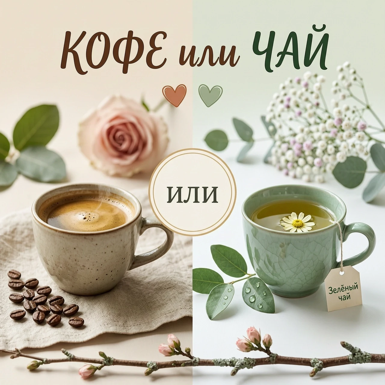 Фотореалистичная композиция «КОФЕ или ЧАЙ» в стиле hygge, пастельная палитра, мягкий свет, 8K. Кадр поделён пополам: слева — красивая кружка с кофе, кофейные зёрна, льняная…