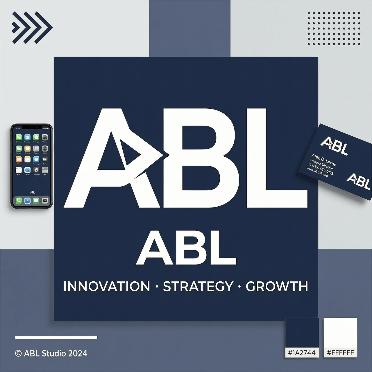 Create a modern logo for ABL. Letters A, B, L in a bold sans-serif font. Hide a subtle right-pointing arrow between the A and B. Keep the design clean and minimal. Color scheme:…