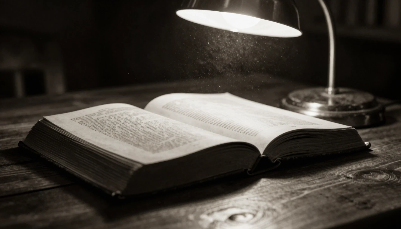 Close-up of old book on wooden desk, dim reading lamp, dust particles, quiet contemplative mood, sepia tone — работа пользователя Необыкновенный Фенрир