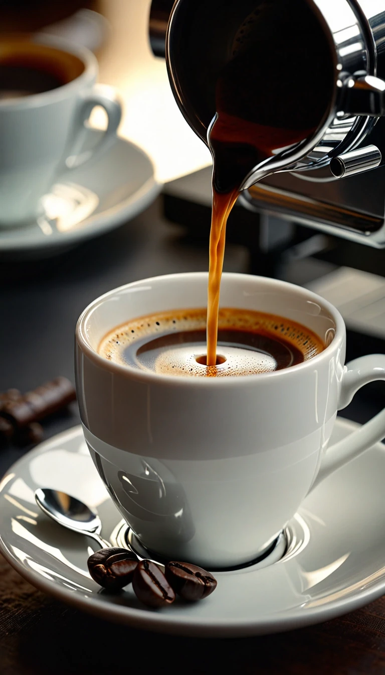 Cinematic premium coffee commercial, warm sophisticated atmosphere, realistic photography, shallow depth of field, beautiful natural morning light, subtle film grain, elegant…
