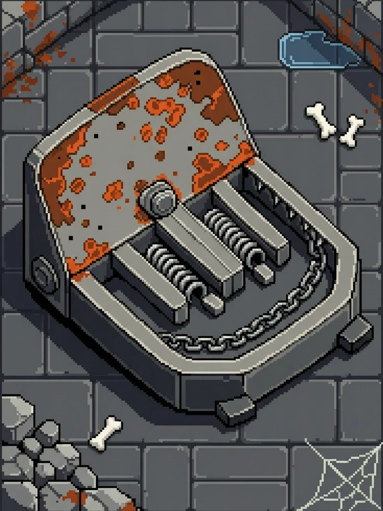 Pixel art of a medieval fantasy RPG iron bear trap, 64x64 resolution, low-res aesthetic, sharp clean edges, isometric view, heavy rusted metal texture with jagged serrated…