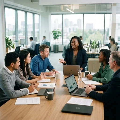corporate meeting discussion, diverse team around a table, laptop and documents, bright office interior, candid medium shot — работа пользователя Эффектная Дифракция