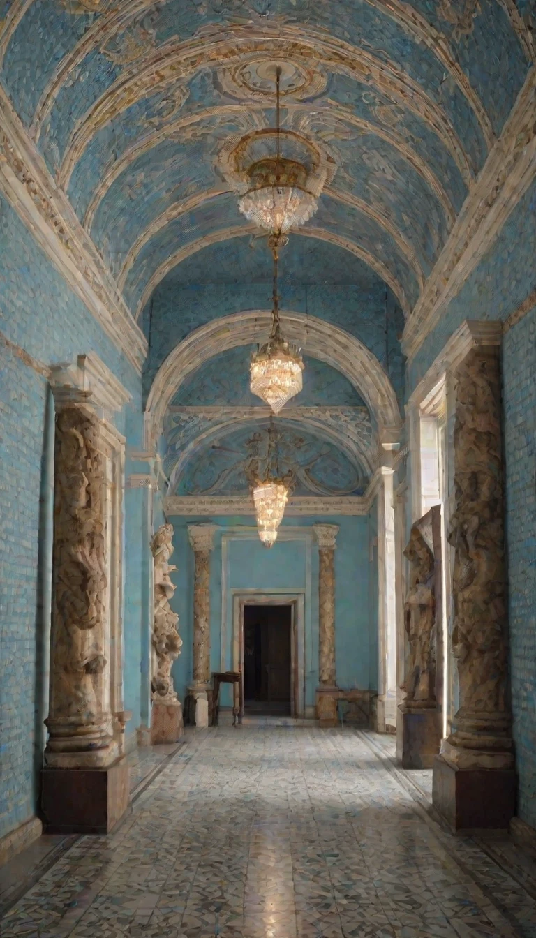 A large, semi-circular, white hall with no windows. Along the walls are sculptures depicting a ball on a very thin pillar. The walls are adorned with paintings depicting a ball…