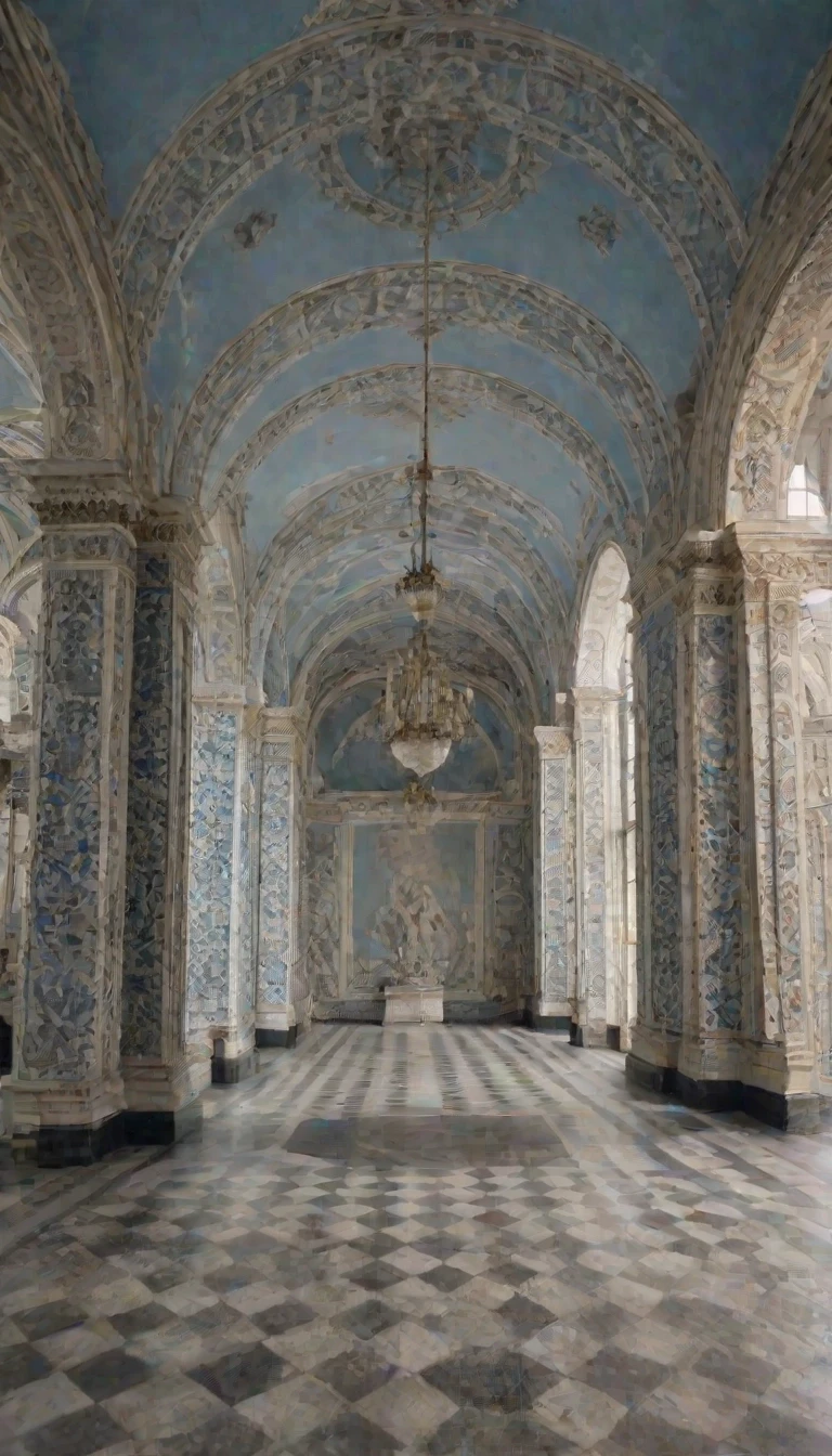 A large, semi-circular, white hall with no windows. Along the walls are sculptures depicting a ball on a very thin pillar. The walls are adorned with paintings depicting a ball…